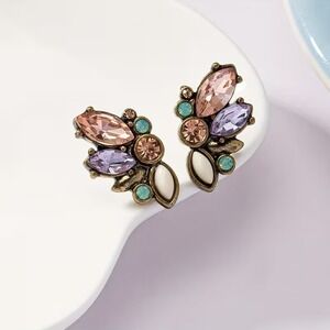 Vintage Style Antique Bronze Crystal Floral Cluster Stud Earrings Multicolor